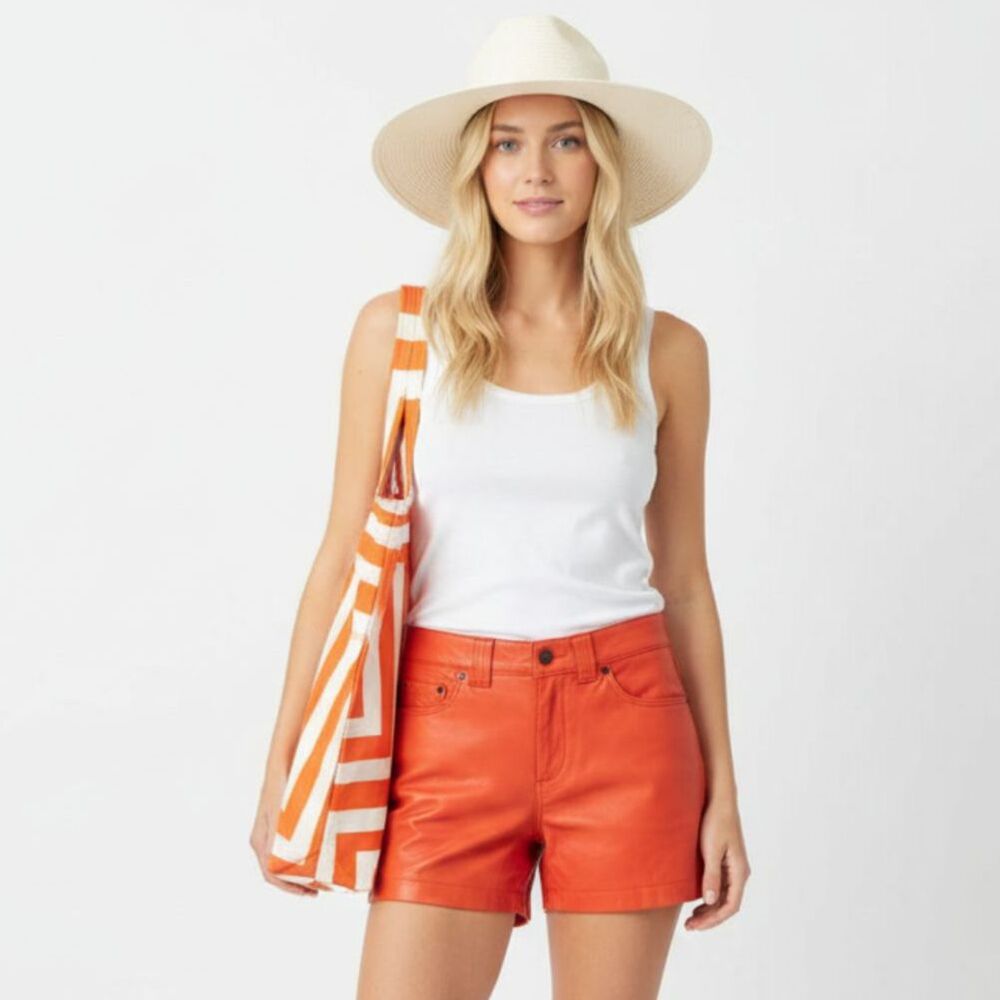 Winter Kate 100% Leather Orange Bermuda Shorts S NEW
